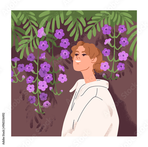 Young woman smelling flowers in nature, peace and serenity card. Happy girl enjoying floral branches, blossoming tree in spring. Peaceful calm tranquil female character. Flat vector illustration