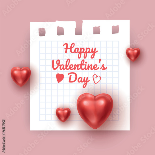 Happy Valentine's Day greeting card on checkered notebook paper with 3D red hearts