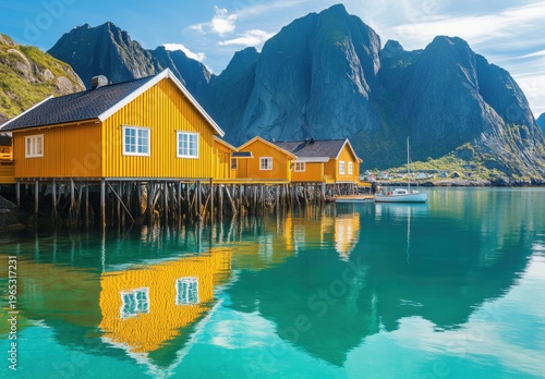 Yellow Norwegian Fishing Cabins on Stilts Reflected in Turquoise Fjord Water with Dramatic Mountains