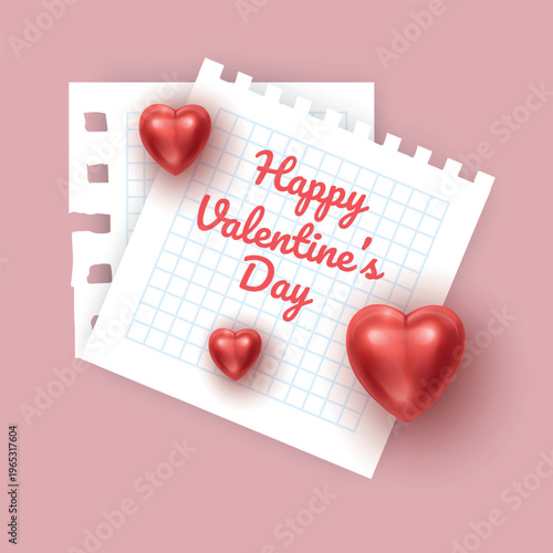 Happy Valentine's Day greeting card on checkered notebook paper with 3D red hearts