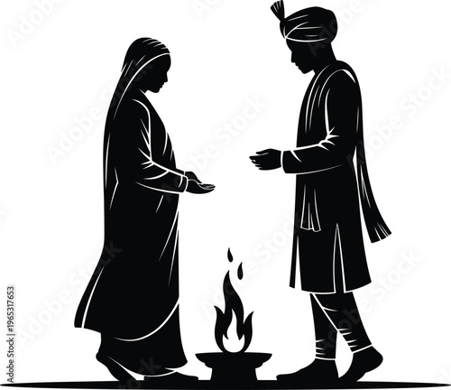 Indian wedding couple silhouette vector, traditional Hindu marriage ceremony with holy fire, and cultural ritual illustration