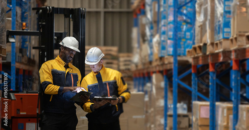 Warehouse workers reviewing inventory data using tablet and clipboard, stock inspection and audit process in storage facility, logistics operation, supply chain management and teamwork concept.
