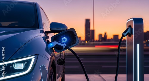 Electric car charging at urban station during sunset