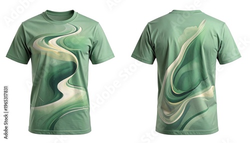 A digitally rendered mockup displays two views of a round-neck t-shirt. Front and back display an abstract design