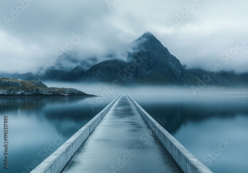 Narrow Concrete Pier Leading Into Misty Fjord With Dramatic Mountain Backdrop