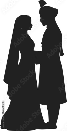 Silhouette of Indian wedding couple in traditional ethnic attire, bride and groom romantic pose