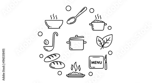 Modern cream soup and hot meal outline icons collection with bowl and cooking symbols