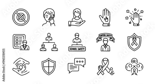 Modern school safety and anti bullying outline icons collection with emotional support symbols