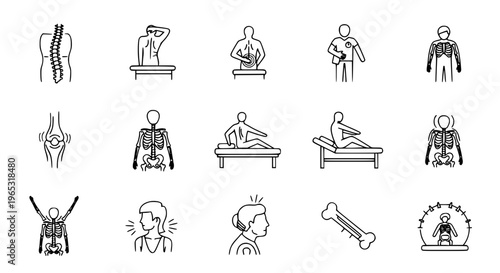 Minimal osteopathy outline icon set with spine alignment, joint therapy, and rehabilitation symbols