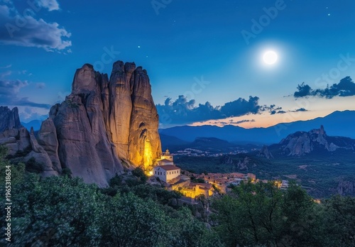 Illuminated Ancient Monastery Nestled at the Base of Towering Rock Formations Under Full Moon Night Sky