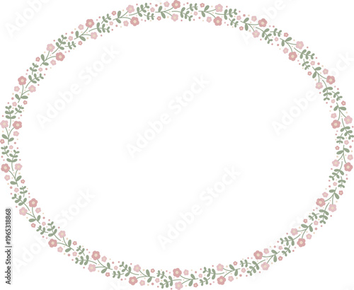 Ditsy floral horizontal oval frame template with small flowers, vector isolated, spring illustration.