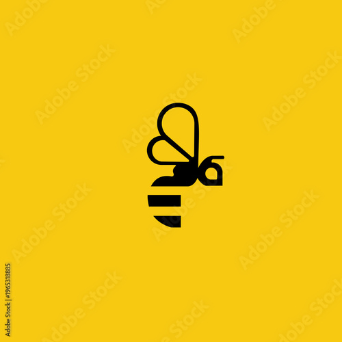 A modern minimalist logo featuring a stylized bee created with simple geometric shapes and bold black lines on a bright yellow background. The design uses an abstract approach to form the wings and bo