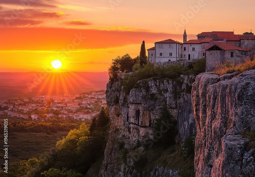 Medieval Stone Village Perched on Rocky Cliff at Dramatic Sunset in Mediterranean Europe