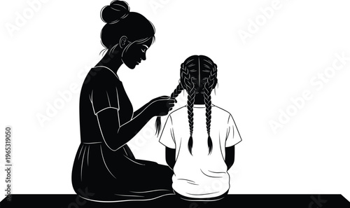 Silhouette illustration of two people sitting together, one braiding the other’s hair, symbolizing care, intimacy, and companionship design