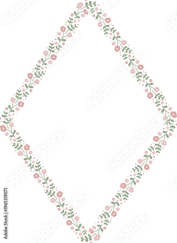 Ditsy floral rhombus frame template with small flowers, vector isolated, spring illustration.
