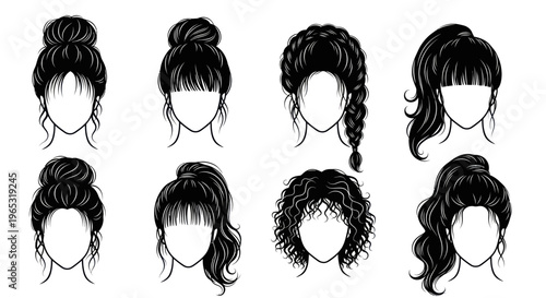 Diverse Hairstyles Collection: Buns, Ponytails, Braids, and Curls