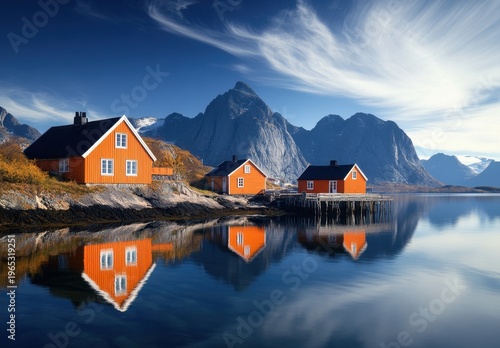 Traditional Orange Wooden Houses Reflecting in Calm Fjord Waters with Dramatic Mountain Backdrop
