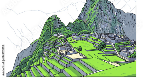 Inca Citadel Machu Picchu, Peru - Stylized Illustration