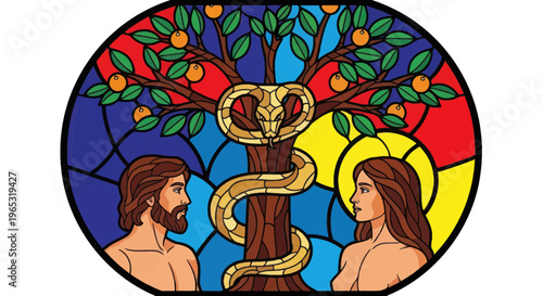 Adam and Eve Temptation: Serpent Twists Around Tree of Knowledge in Stained Glass Art