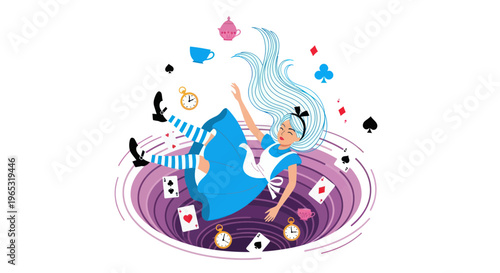 Alice in Wonderland Falling Down Rabbit Hole with Playing Cards and Clocks