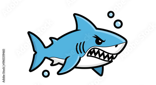 Aggressive cartoon shark with sharp teeth and bubbles, isolated on white background
