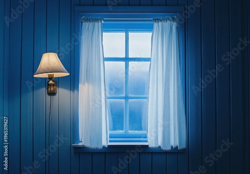 Cozy Blue Wooden Room Interior With Window, White Curtains, and Wall Sconce Lamp