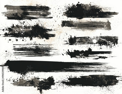 Grunge style ink brush strokes, splatters, and textures on white background