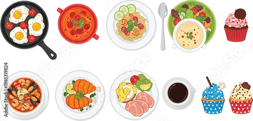 Flat vector illustration of international gourmet dishes including hummus with olive oil, falafel salad, grilled steak with rice, beef stew, and sushi rolls.
