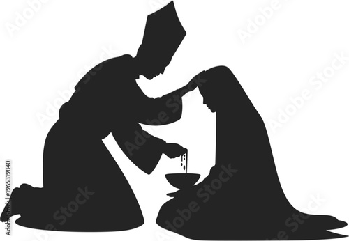 Silhouette of religious priest performing a baptism ceremony, spiritual blessing of a kneeling woman