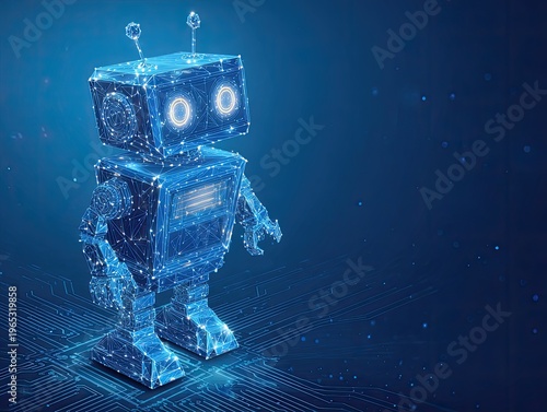 Glowing blue robotic figure standing alone.