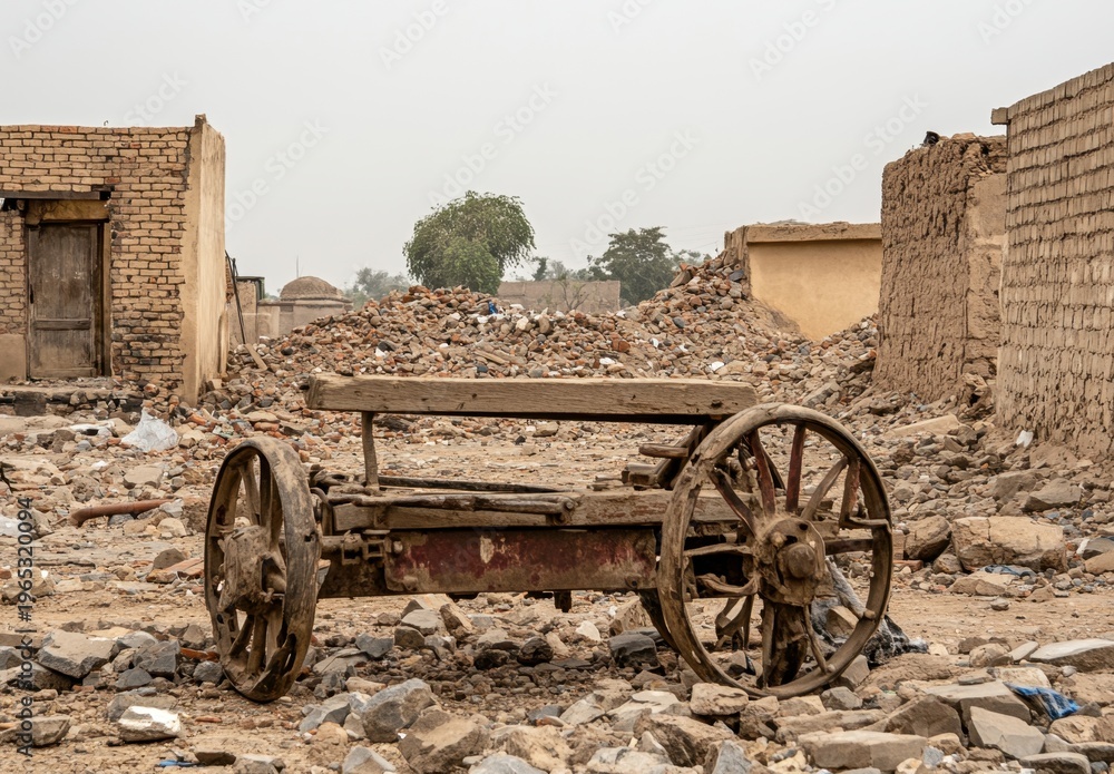 Obraz premium Abandoned Wooden Cart Amid Rubble and Destroyed Buildings in Devastated Village