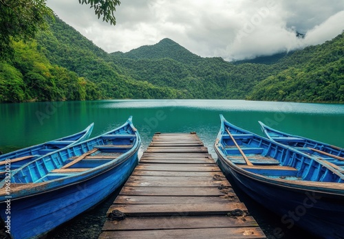 Blue Wooden Rowboats Moored at Dock on Tranquil Mountain Lake Surrounded by Lush Green Forest