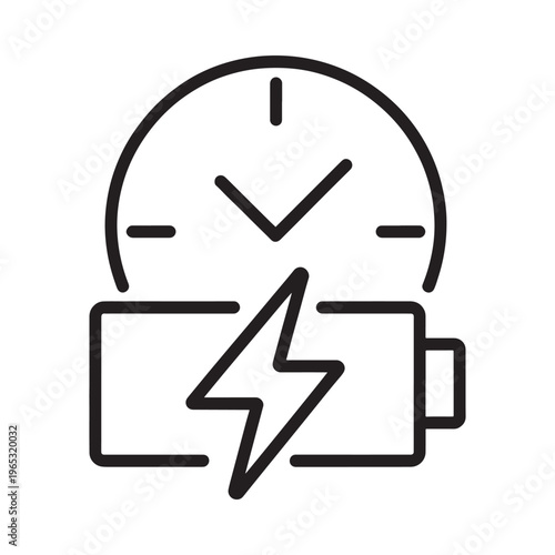 A black and white outline depicting a clock above a charging battery
