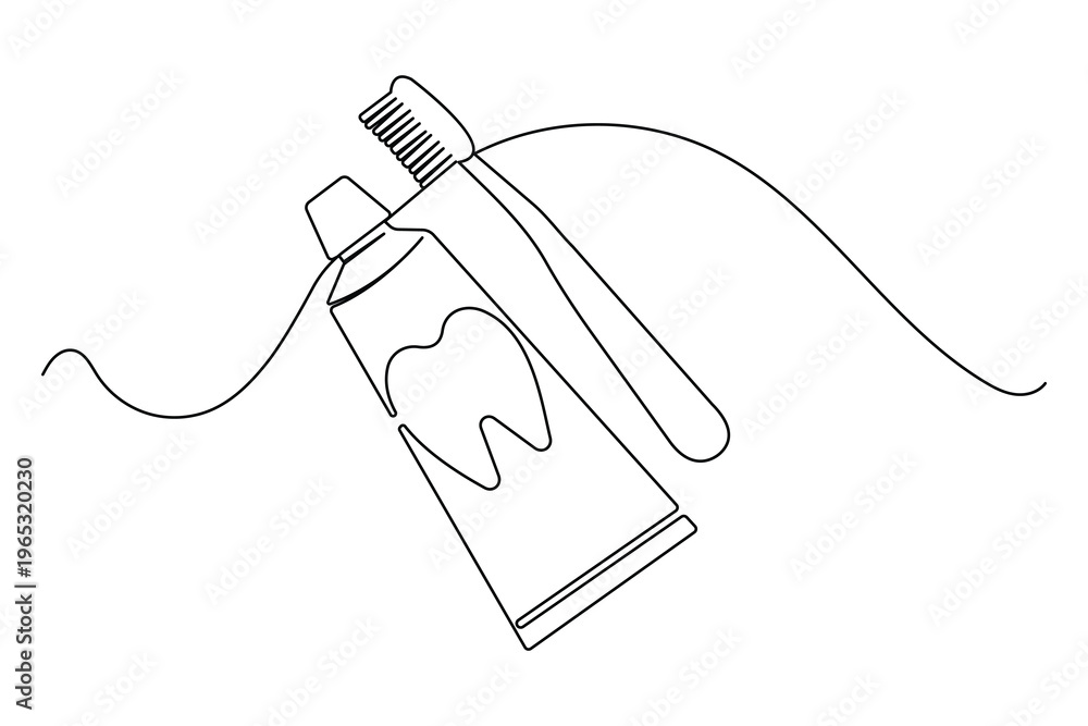 Fototapeta premium Toothpaste tube with a tooth symbol and toothbrush in a creative one line art illustration style