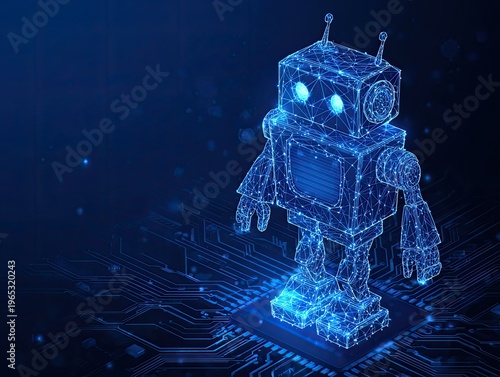 Glowing blue robotic figure standing alone.