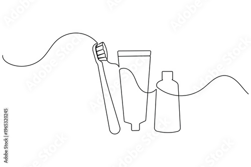 Minimalist one line art of a toothbrush with toothpaste tube and mouthwash bottle on white background