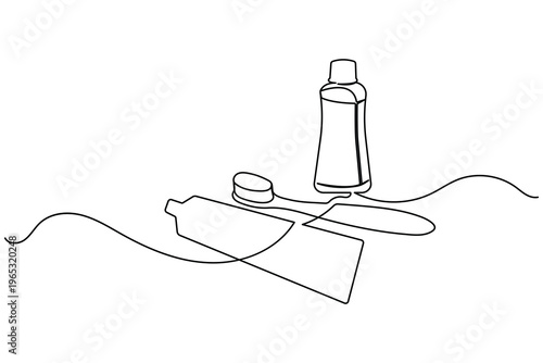 One line art of a dental care kit including mouthwash bottle toothbrush and a tube of toothpaste
