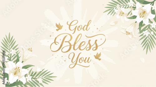 God Bless You Greeting Card Design, Floral Elements, Digital Illustration, Soft Colors