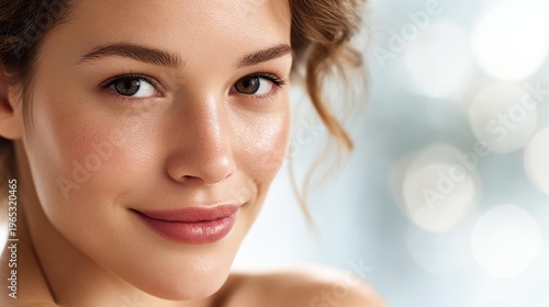real skin from minimal beauty routine Close-up portrait of a smiling young woman.