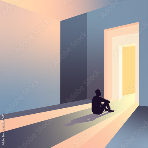 Minimalist Silhouette of Man Sitting in Shadow Facing Bright Glowing Doorway Conceptual Art
