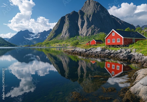 Red Fishing Cabin Reflected in Calm Fjord with Dramatic Norwegian Mountains