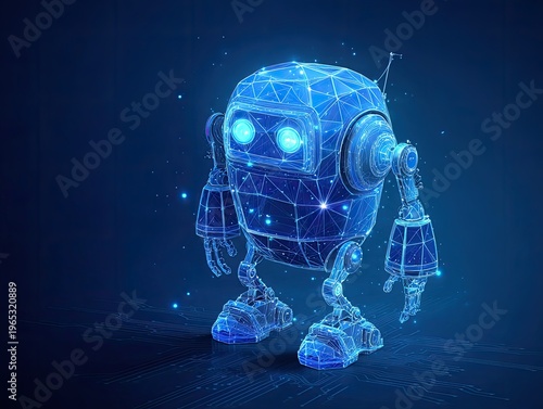 Glowing blue robot with wireframe design.