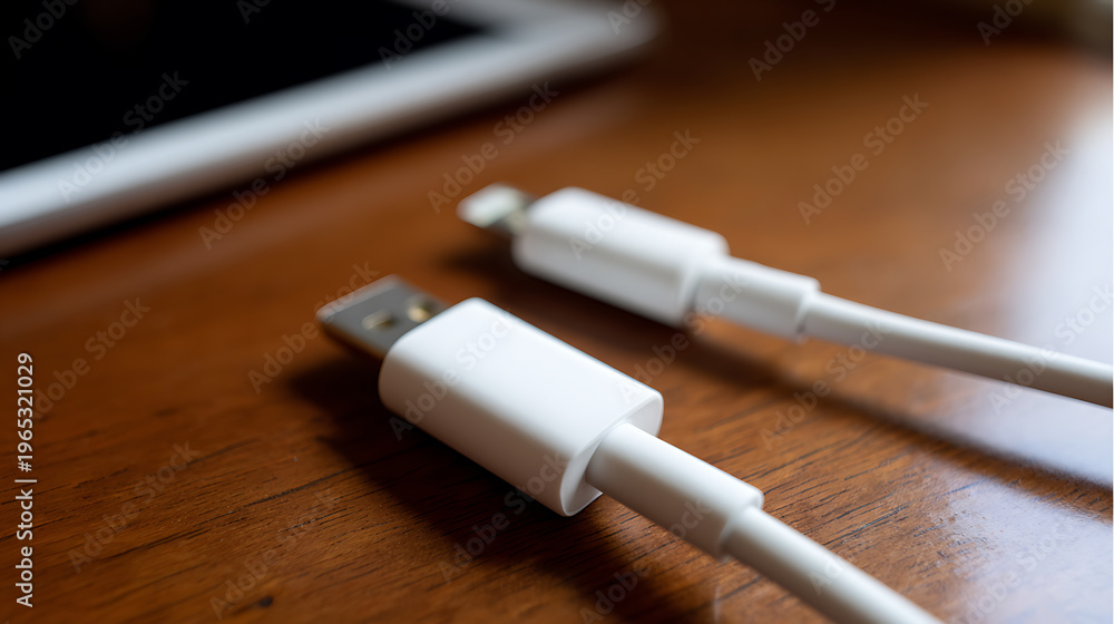 Fototapeta premium USB Cable and Adapter Resting on a Wooden Surface Next to a Digital Tablet, Illustrating Modern Connectivity for Electronic Devices