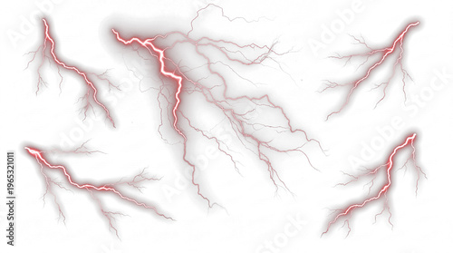 Photos Vivid red lightning bolts electrify a transparent background, ideal for creating intense energy and dramatic storm