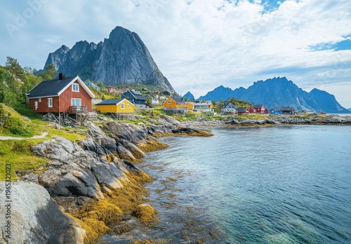 Colorful Norwegian Fishing Village on Rocky Coastline with Dramatic Mountain Backdrop