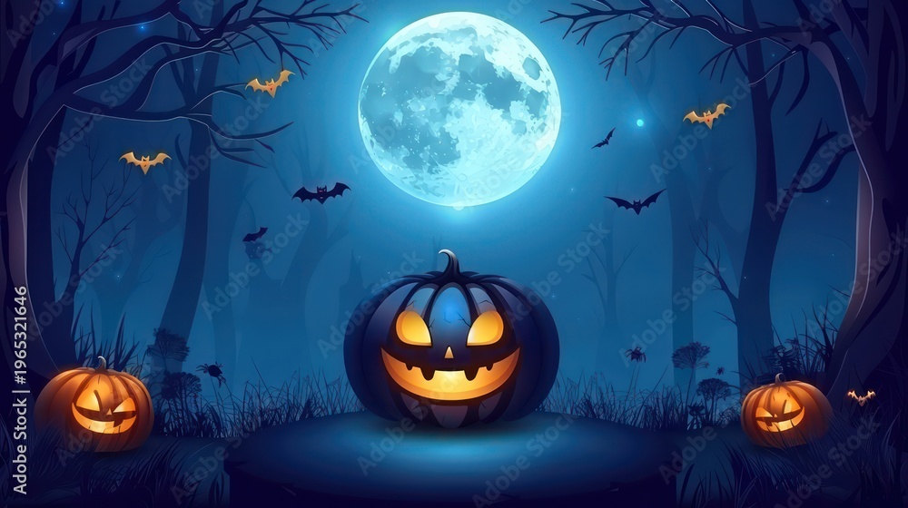 Fototapeta premium Eerie pumpkins glow under a full moon, surrounded by dark trees and flying bats in a spooky night scene