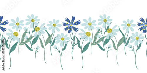 Wildflowers horizontal banner with cornflowers and chamomiles. Beautiful floral seamless pattern. Summer or Spring background. Cute natural border. Hand drawn flat design vector illustration.