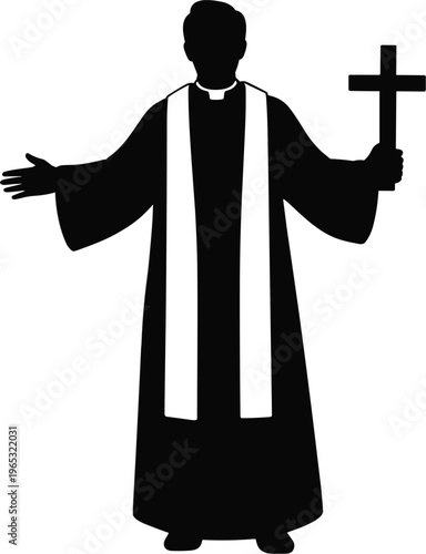 Silhouette of Christian priest holding holy cross, religious minister in traditional robes giving blessing