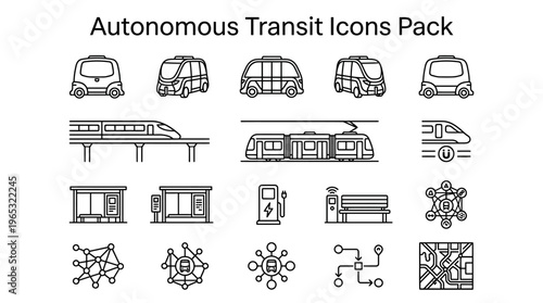 A comprehensive pack of line art icons depicting autonomous transit, including various self-driving vehicles, smart city infrastructure, and connected transportation systems.