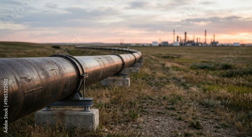 Expansive industrial pipeline carrying energy resources across a vast landscape at sunset, showcasing infrastructure critical for global supply chains.